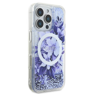 Apple iPhone 16 Pro Case Guess Original Licensed Magsafe Charging Featured Liquid Glitter Flower Patterned Cover - 20