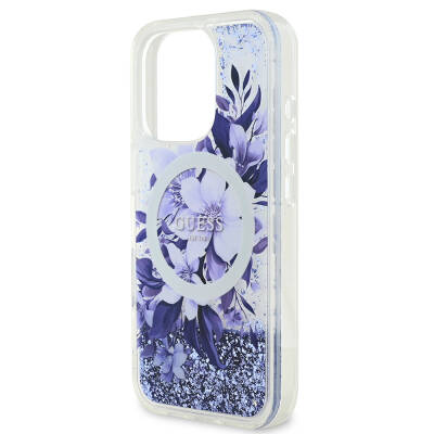 Apple iPhone 16 Pro Case Guess Original Licensed Magsafe Charging Featured Liquid Glitter Flower Patterned Cover - 22