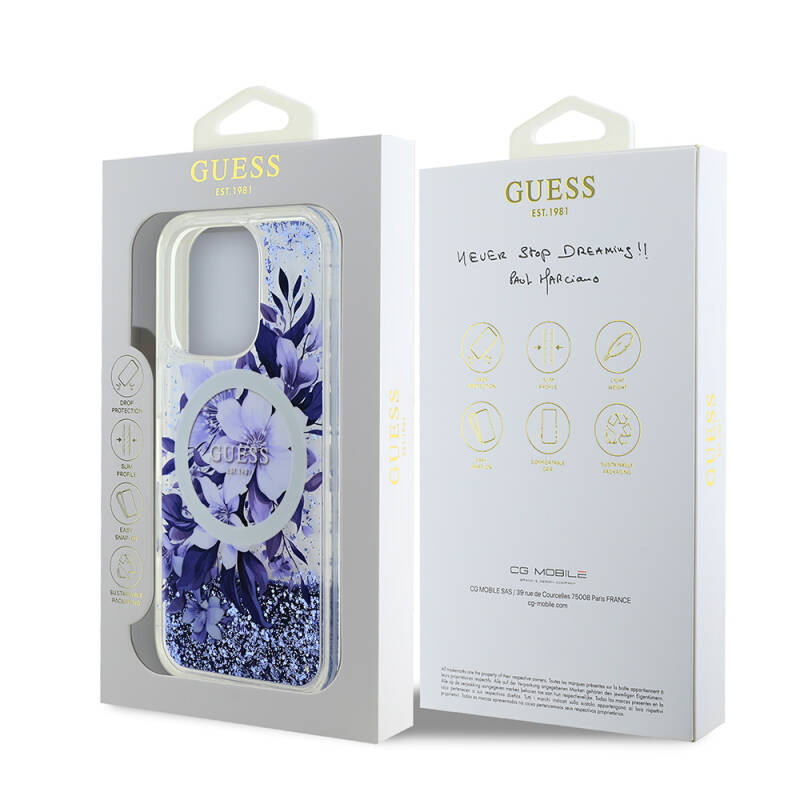 Apple iPhone 16 Pro Case Guess Original Licensed Magsafe Charging Featured Liquid Glitter Flower Patterned Cover - 24