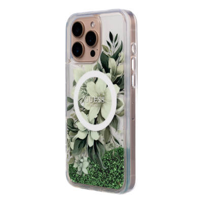 Apple iPhone 16 Pro Case Guess Original Licensed Magsafe Charging Featured Liquid Glitter Flower Patterned Cover - 25