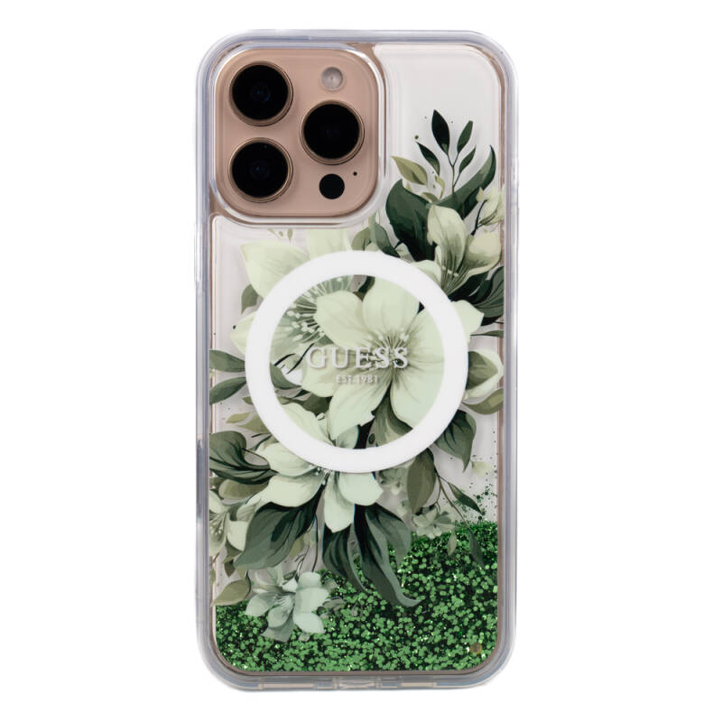 Apple iPhone 16 Pro Case Guess Original Licensed Magsafe Charging Featured Liquid Glitter Flower Patterned Cover - 27