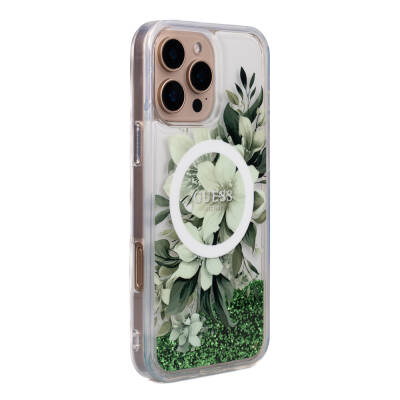 Apple iPhone 16 Pro Case Guess Original Licensed Magsafe Charging Featured Liquid Glitter Flower Patterned Cover - 28