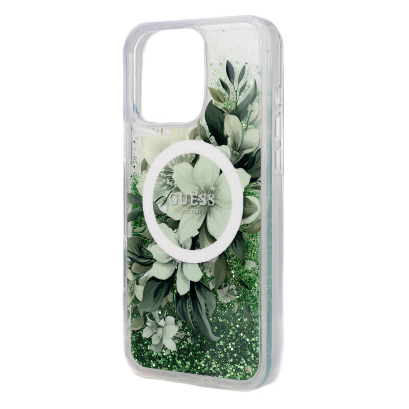 Apple iPhone 16 Pro Case Guess Original Licensed Magsafe Charging Featured Liquid Glitter Flower Patterned Cover - 29