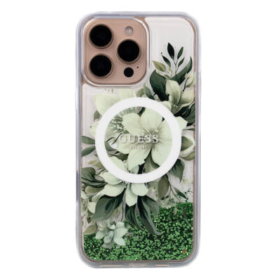 Apple iPhone 16 Pro Case Guess Original Licensed Magsafe Charging Featured Liquid Glitter Flower Patterned Cover - 26