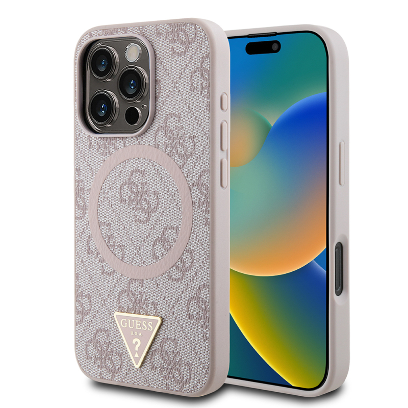 Apple iPhone 16 Pro Case Guess Original Licensed Magsafe Charging Featured PU Triangle Logo 4G Patterned Cover - 1