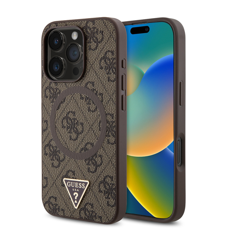 Apple iPhone 16 Pro Case Guess Original Licensed Magsafe Charging Featured PU Triangle Logo 4G Patterned Cover - 3