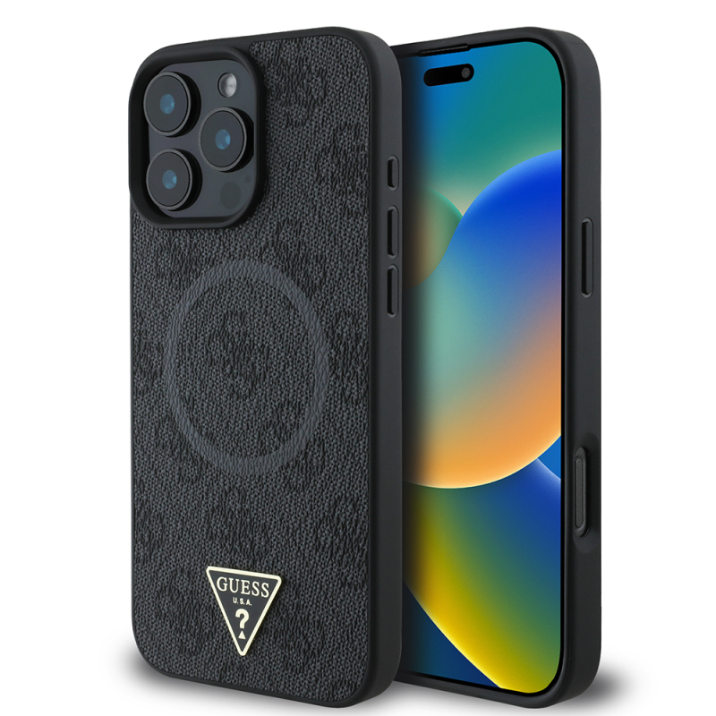 Apple iPhone 16 Pro Case Guess Original Licensed Magsafe Charging Featured PU Triangle Logo 4G Patterned Cover - 4