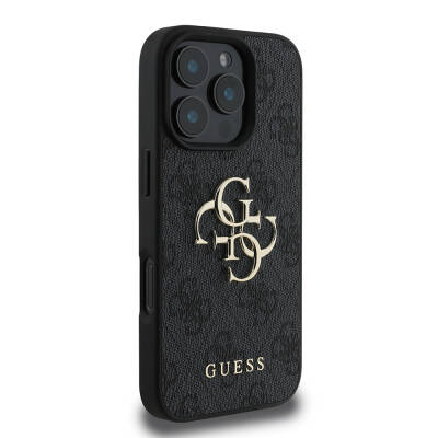 Apple iPhone 16 Pro Case Guess Original Licensed PU Leather 4G Patterned Metal Cover with Large 4G and Text Logo - 4