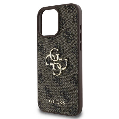 Apple iPhone 16 Pro Case Guess Original Licensed PU Leather 4G Patterned Metal Cover with Large 4G and Text Logo - 16