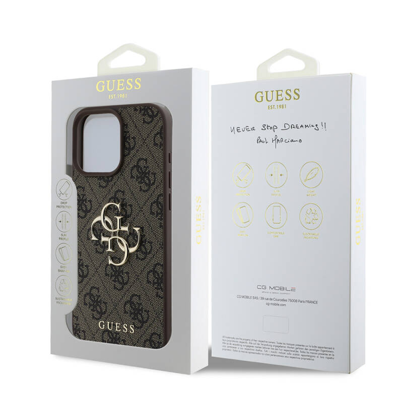 Apple iPhone 16 Pro Case Guess Original Licensed PU Leather 4G Patterned Metal Cover with Large 4G and Text Logo - 18