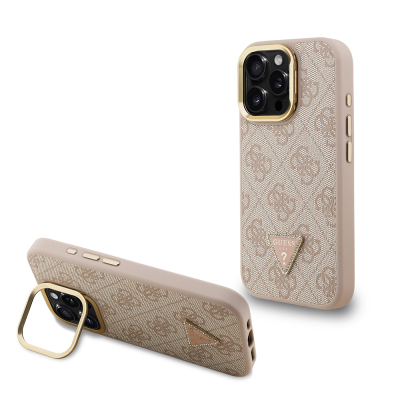 Apple iPhone 16 Pro Case Guess Original Licensed PU Leather Stone Triangle Logo 4G Patterned Camera Stand Cover - 1