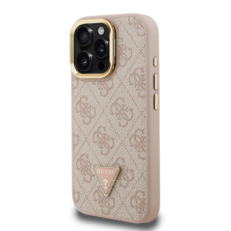 Apple iPhone 16 Pro Case Guess Original Licensed PU Leather Stone Triangle Logo 4G Patterned Camera Stand Cover - 5