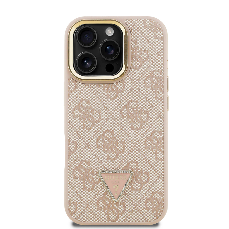 Apple iPhone 16 Pro Case Guess Original Licensed PU Leather Stone Triangle Logo 4G Patterned Camera Stand Cover - 6
