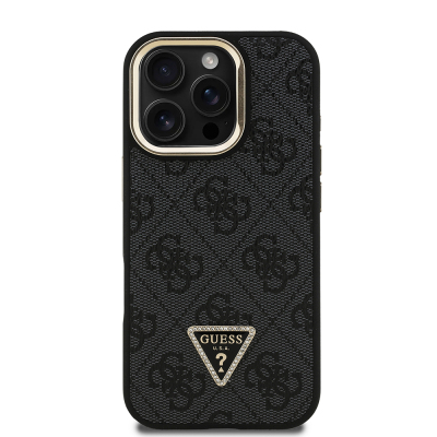 Apple iPhone 16 Pro Case Guess Original Licensed PU Leather Stone Triangle Logo 4G Patterned Camera Stand Cover - 13