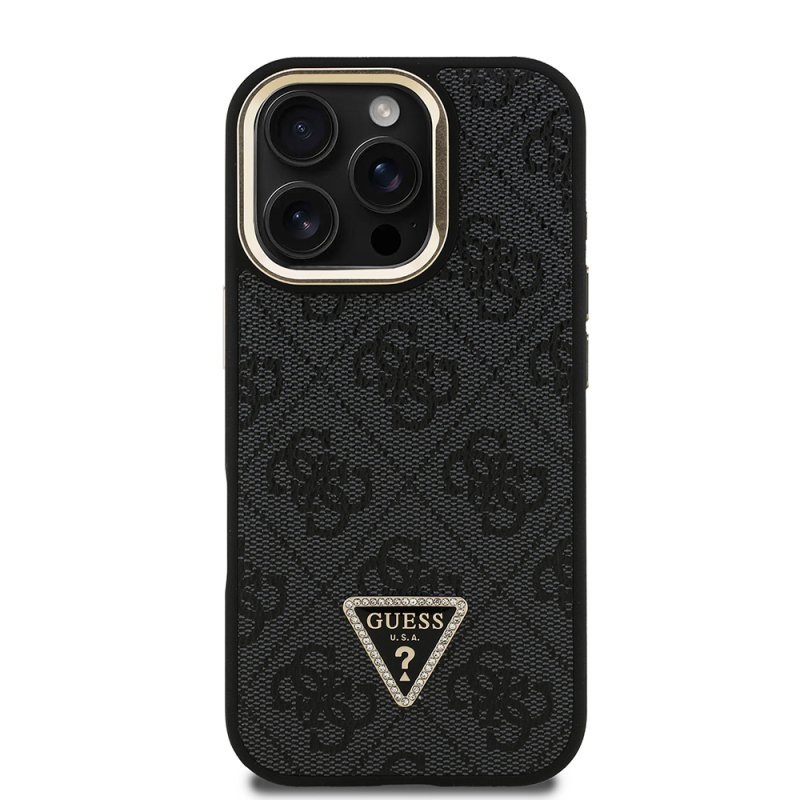 Apple iPhone 16 Pro Case Guess Original Licensed PU Leather Stone Triangle Logo 4G Patterned Camera Stand Cover - 13