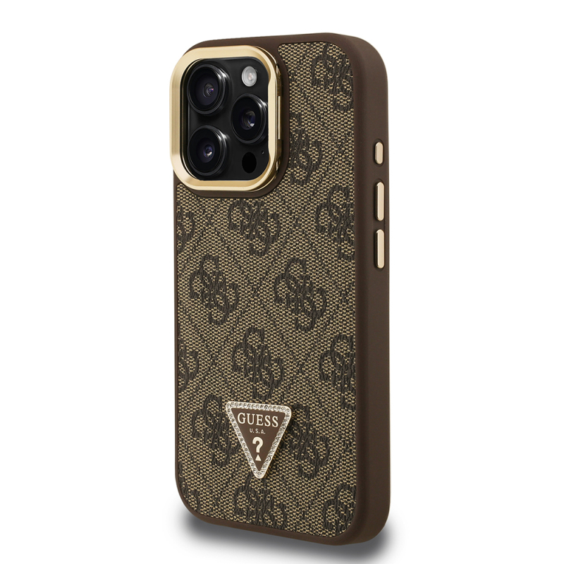 Apple iPhone 16 Pro Case Guess Original Licensed PU Leather Stone Triangle Logo 4G Patterned Camera Stand Cover - 19