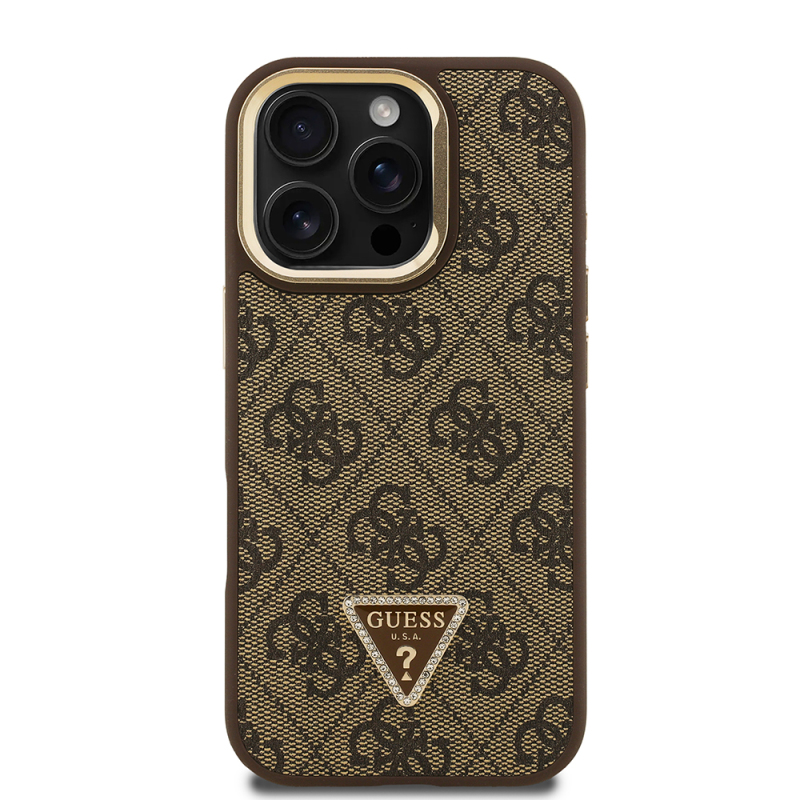 Apple iPhone 16 Pro Case Guess Original Licensed PU Leather Stone Triangle Logo 4G Patterned Camera Stand Cover - 20