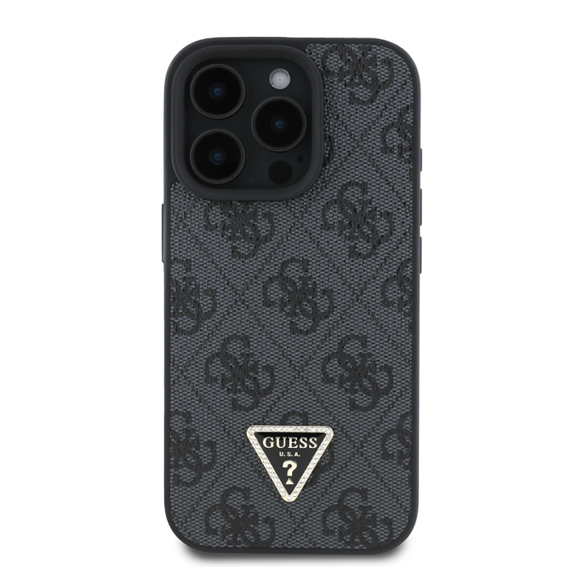 Apple iPhone 16 Pro Case Guess Original Licensed PU Leather Stone Triangle Logo 4G Patterned Strass Cover - 13