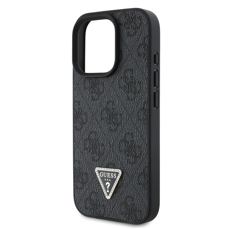 Apple iPhone 16 Pro Case Guess Original Licensed PU Leather Stone Triangle Logo 4G Patterned Strass Cover - 16