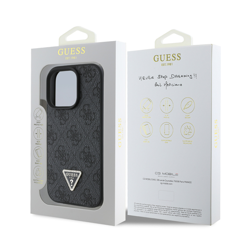 Apple iPhone 16 Pro Case Guess Original Licensed PU Leather Stone Triangle Logo 4G Patterned Strass Cover - 18