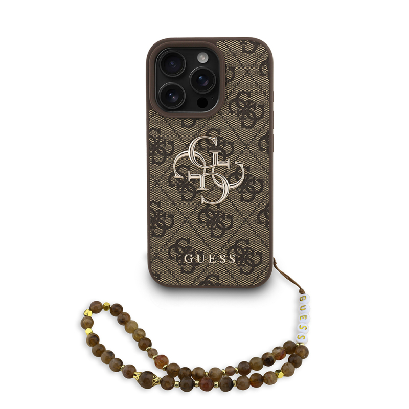 Apple iPhone 16 Pro Case Guess Original Licensed PU Leather Wrist Strap Rope Metal Large 4G and Text Logo Cover - 1