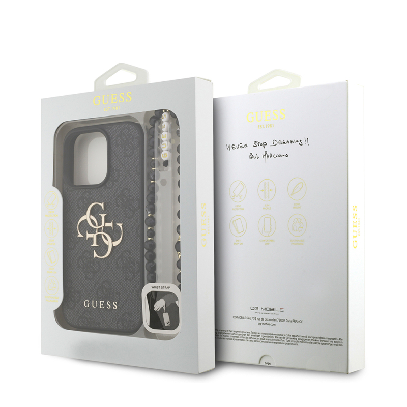 Apple iPhone 16 Pro Case Guess Original Licensed PU Leather Wrist Strap Rope Metal Large 4G and Text Logo Cover - 25