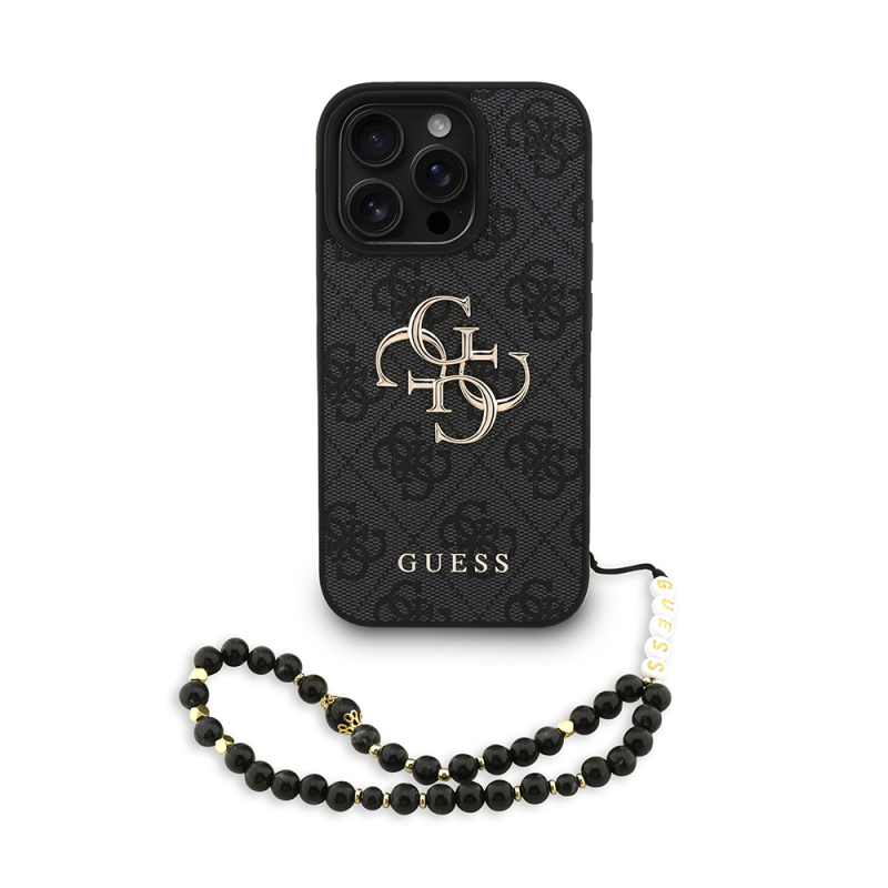 Apple iPhone 16 Pro Case Guess Original Licensed PU Leather Wrist Strap Rope Metal Large 4G and Text Logo Cover - 4