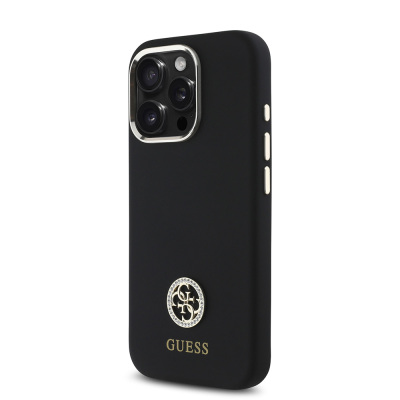 Apple iPhone 16 Pro Case Guess Original Licensed Text and Stoned 4G Logo Metal Camera Frame Silicone Cover - 3