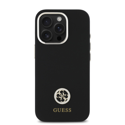 Apple iPhone 16 Pro Case Guess Original Licensed Text and Stoned 4G Logo Metal Camera Frame Silicone Cover - 4