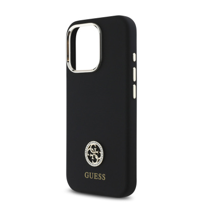 Apple iPhone 16 Pro Case Guess Original Licensed Text and Stoned 4G Logo Metal Camera Frame Silicone Cover - 7