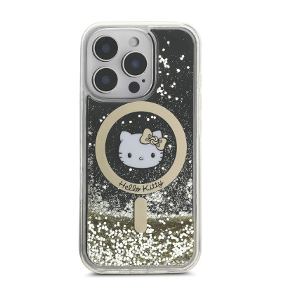 Apple iPhone 16 Pro Case Hello Kitty Original Licensed Magsafe Charging Feature IML Printing Kitty Head Logo Liquid Glitter Gold Flame Cover - 4