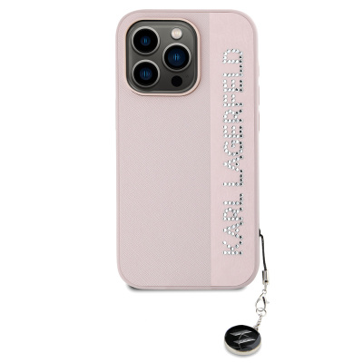 Apple iPhone 16 Pro Case Karl Lagerfeld Original Licensed Keychain with Stone KL Written Saffiano Rhinestones Cover - 4