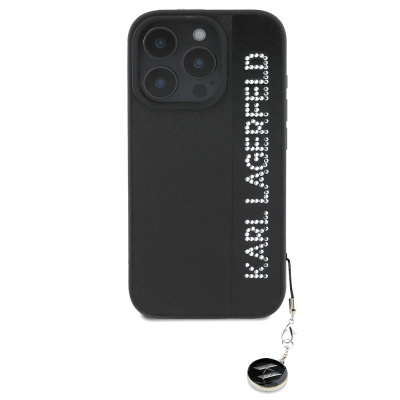 Apple iPhone 16 Pro Case Karl Lagerfeld Original Licensed Keychain with Stone KL Written Saffiano Rhinestones Cover - 10