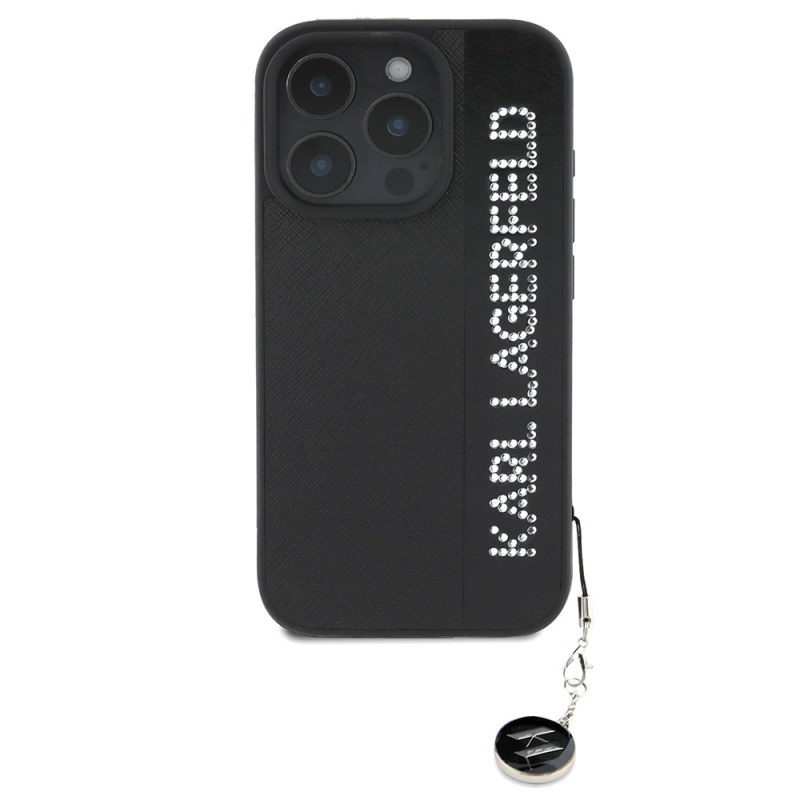 Apple iPhone 16 Pro Case Karl Lagerfeld Original Licensed Keychain with Stone KL Written Saffiano Rhinestones Cover - 10