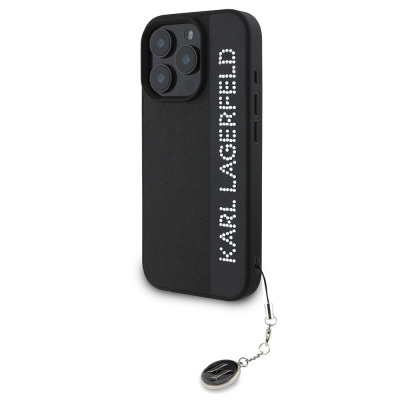 Apple iPhone 16 Pro Case Karl Lagerfeld Original Licensed Keychain with Stone KL Written Saffiano Rhinestones Cover - 11