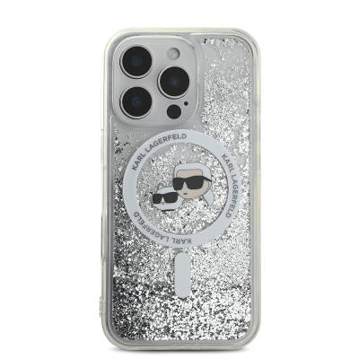 Apple iPhone 16 Pro Case Karl Lagerfeld Original Licensed Magsafe Charging Featured Liquid Glitter KC Heads Cover - 2