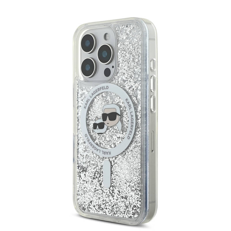 Apple iPhone 16 Pro Case Karl Lagerfeld Original Licensed Magsafe Charging Featured Liquid Glitter KC Heads Cover - 3