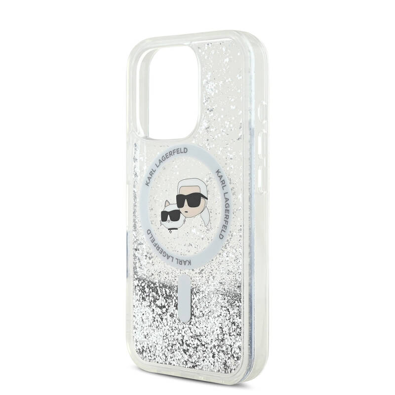 Apple iPhone 16 Pro Case Karl Lagerfeld Original Licensed Magsafe Charging Featured Liquid Glitter KC Heads Cover - 6