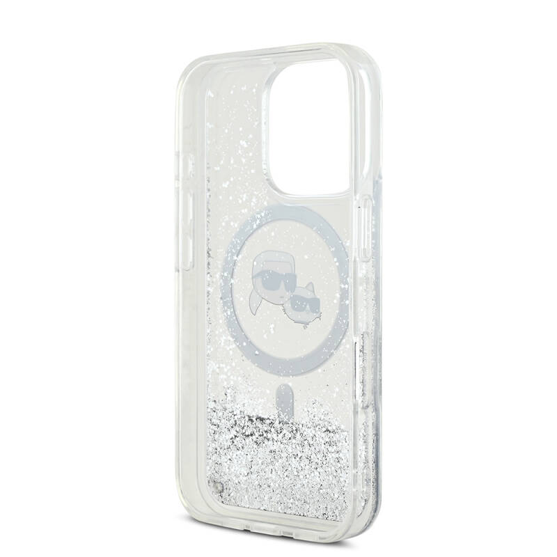 Apple iPhone 16 Pro Case Karl Lagerfeld Original Licensed Magsafe Charging Featured Liquid Glitter KC Heads Cover - 7