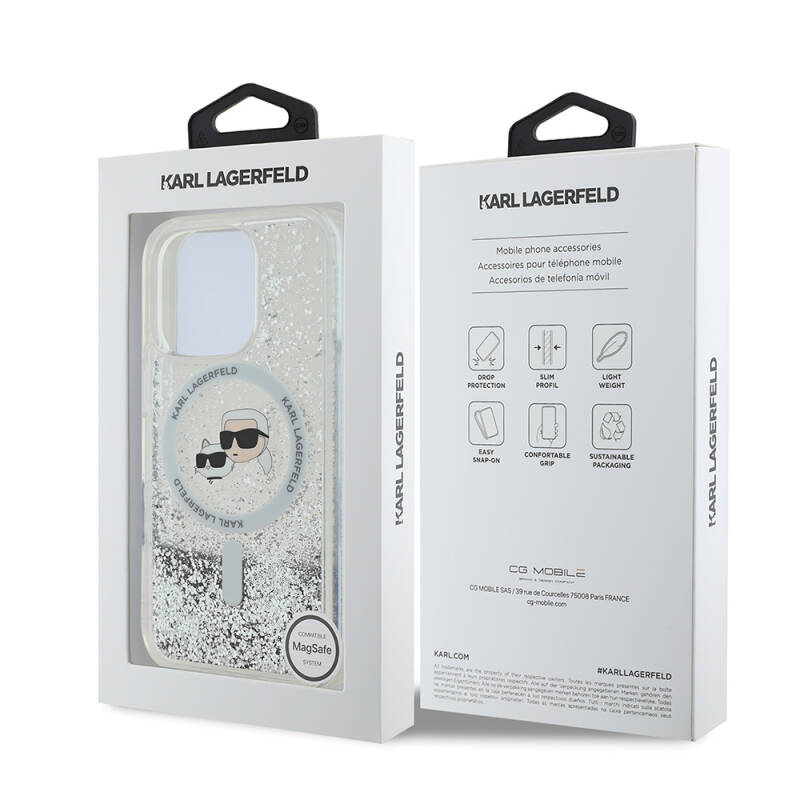 Apple iPhone 16 Pro Case Karl Lagerfeld Original Licensed Magsafe Charging Featured Liquid Glitter KC Heads Cover - 8