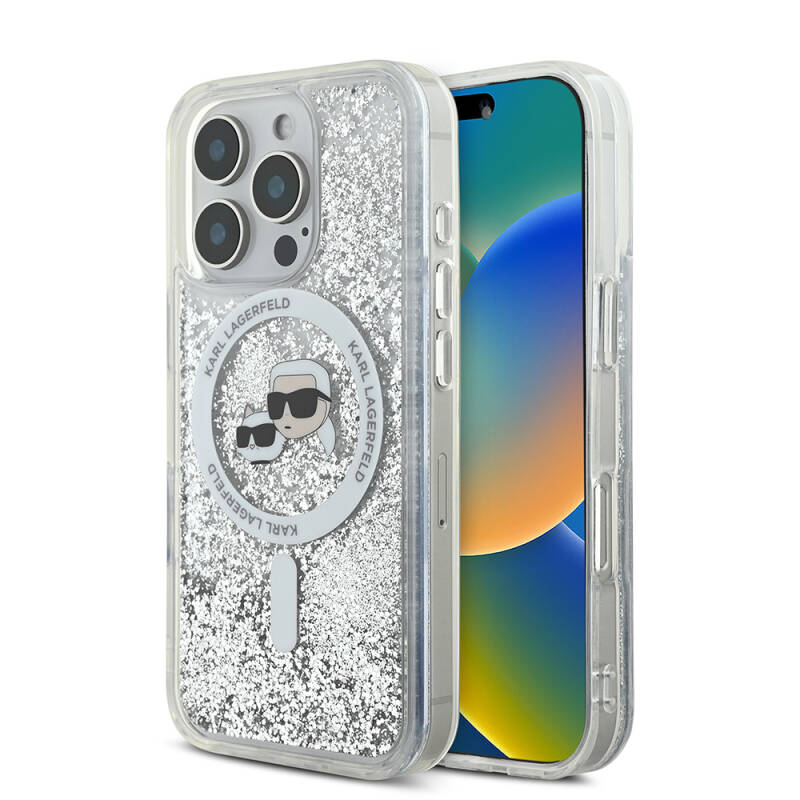 Apple iPhone 16 Pro Case Karl Lagerfeld Original Licensed Magsafe Charging Featured Liquid Glitter KC Heads Cover - 1