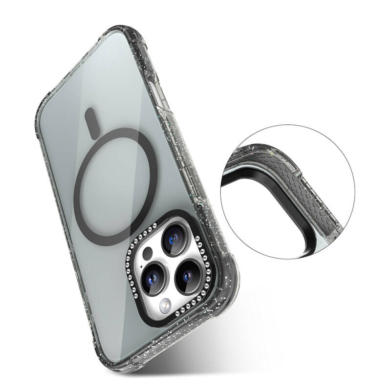 Apple iPhone 16 Pro Case Magsafe Charging Featured Stone and Silvery Design Mutural Blink Cover - 4