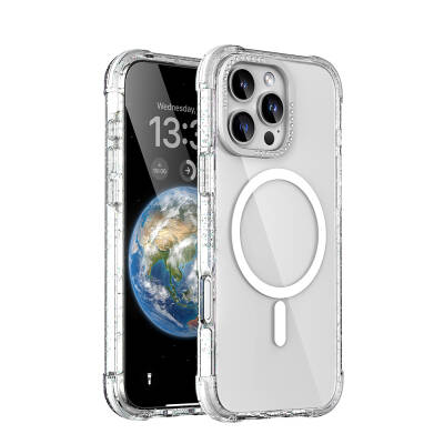 Apple iPhone 16 Pro Case Magsafe Charging Featured Stone and Silvery Design Mutural Blink Cover - 8