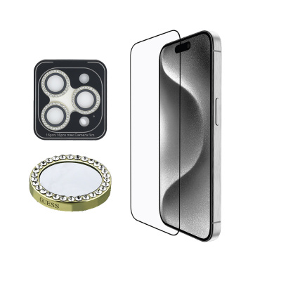 Apple iPhone 16 Pro Guess Original Licensed Rhinestone Screen Protector + Lens Protector 2in1 Accessory Set - 1