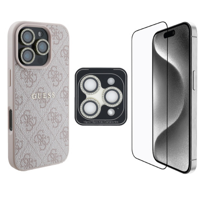 Apple iPhone 16 Pro Guess Orjinal Lisanslı Kılıf + Ekran Koruyucu + Lens Koruyucu 3in1 Aksesuar Seti - 4