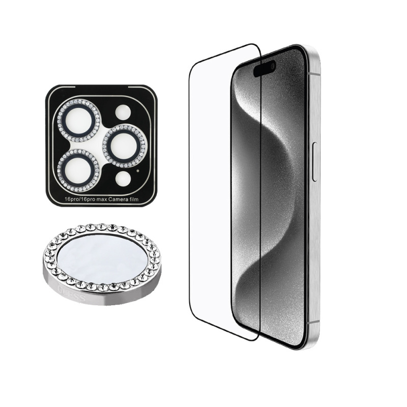 Apple iPhone 16 Pro Guess Orjinal Lisanslı Rhinestone Ekran Koruyucu + Lens Koruyucu 2in1 Aksesuar Seti - 3