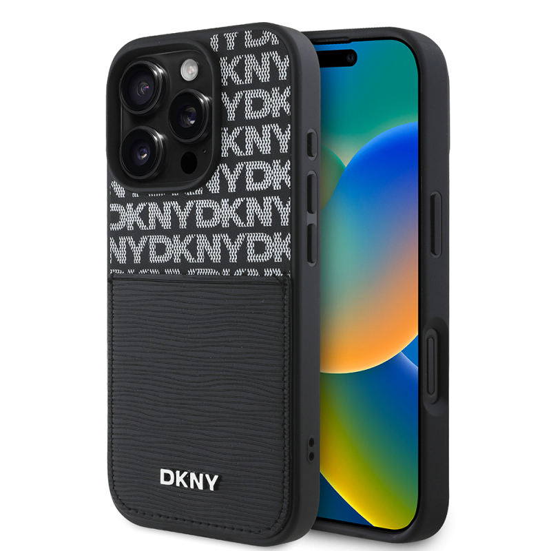 Apple iPhone 16 Pro Kılıf DKNY Orjinal Lisanslı Kartlıklı 3D Yazılı Repeat Texture Pattern Kapak - 1