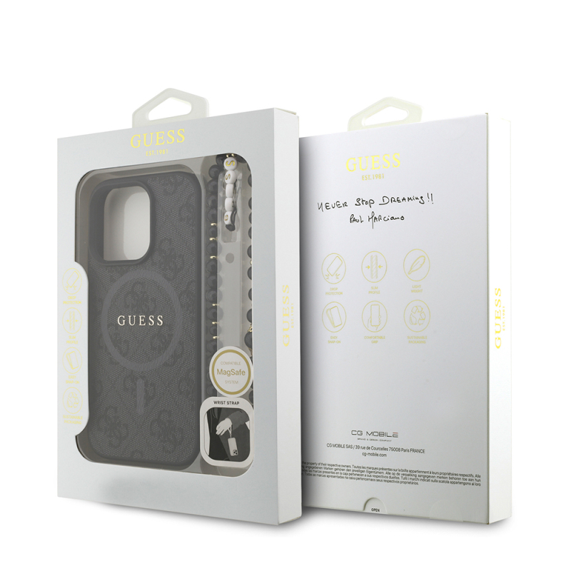 Apple iPhone 16 Pro Kılıf Guess Orjinal Lisanslı M-safe Şarj Özellikli PU Deri Bilek Askı İpli Yazı Logolu Kapak - 25