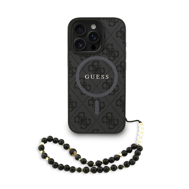 Apple iPhone 16 Pro Kılıf Guess Orjinal Lisanslı M-safe Şarj Özellikli PU Deri Bilek Askı İpli Yazı Logolu Kapak - 18