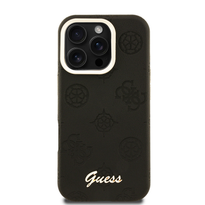 Apple iPhone 16 Pro Kılıf Guess Orjinal Lisanslı M-safe Şarj Özellikli Sıcak Baskılı Yazı Logolu Kamera Standlı PU Deri Peony Kapak - 6